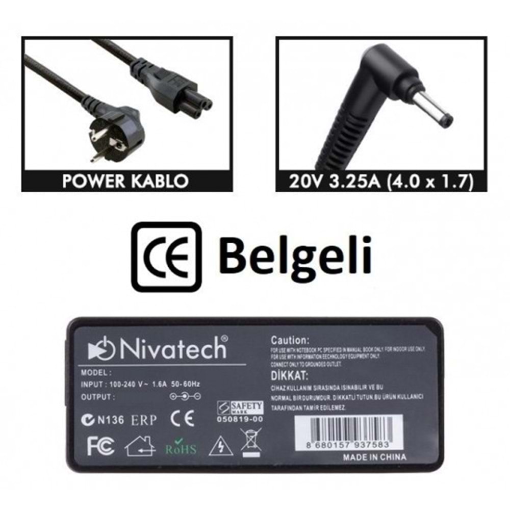Nivatech NTC-BC938 20V-3.25A (4.0*1.7) Notebook Şarj Aleti