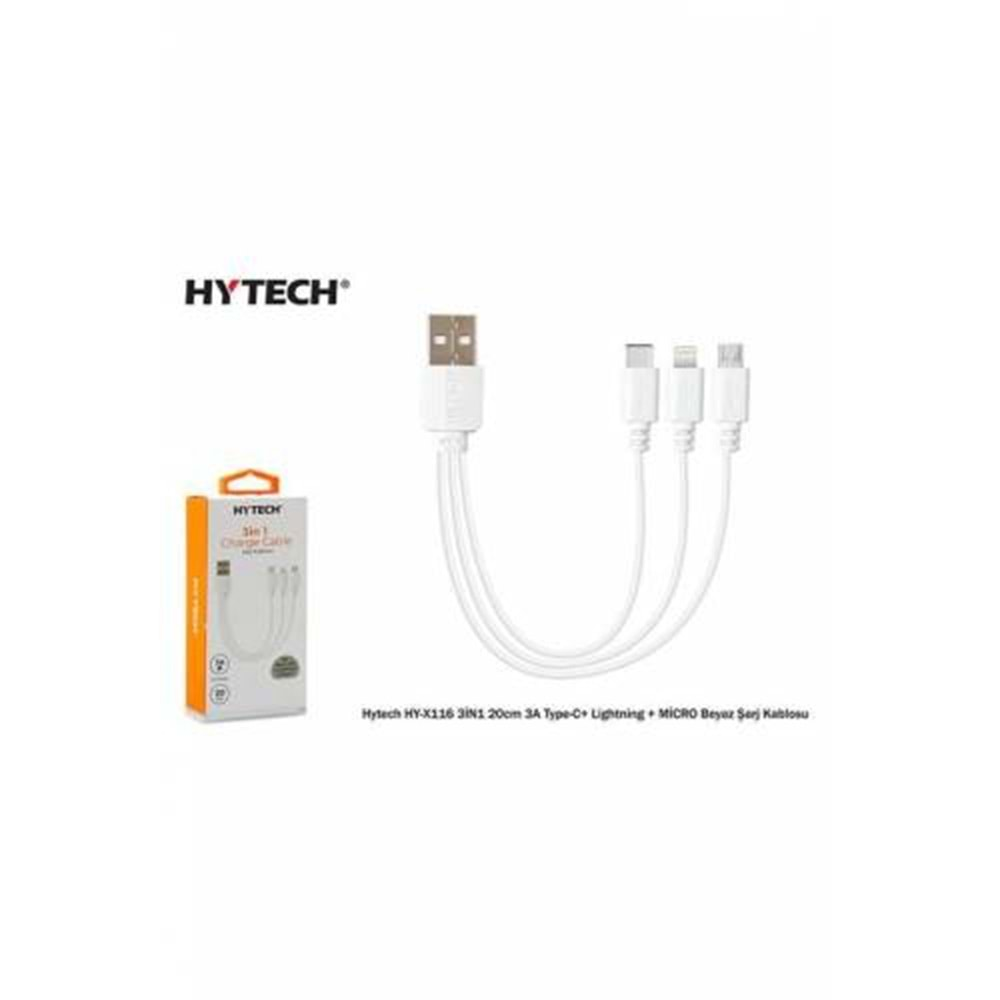 HYTECH HY-X116 3IN1 20CM 3A TYPE-C + LIGHTINING + MICRO BEYAZ USB KABLO