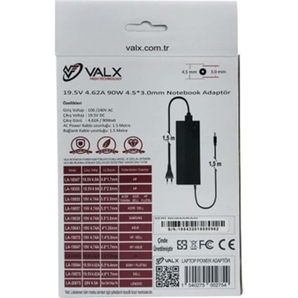 VALX LA-19543 19.5V 4.62A 90W 4.5*3 NOTEBOOK ADAPTOR