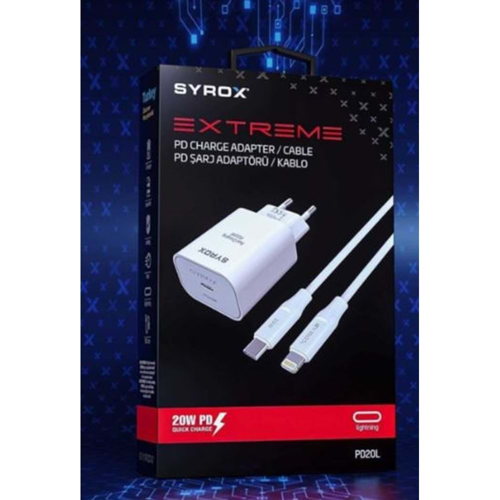 Syrox PD20L Şarj Aleti 3.0A PD20W Type-C to Lightning Kablo Set