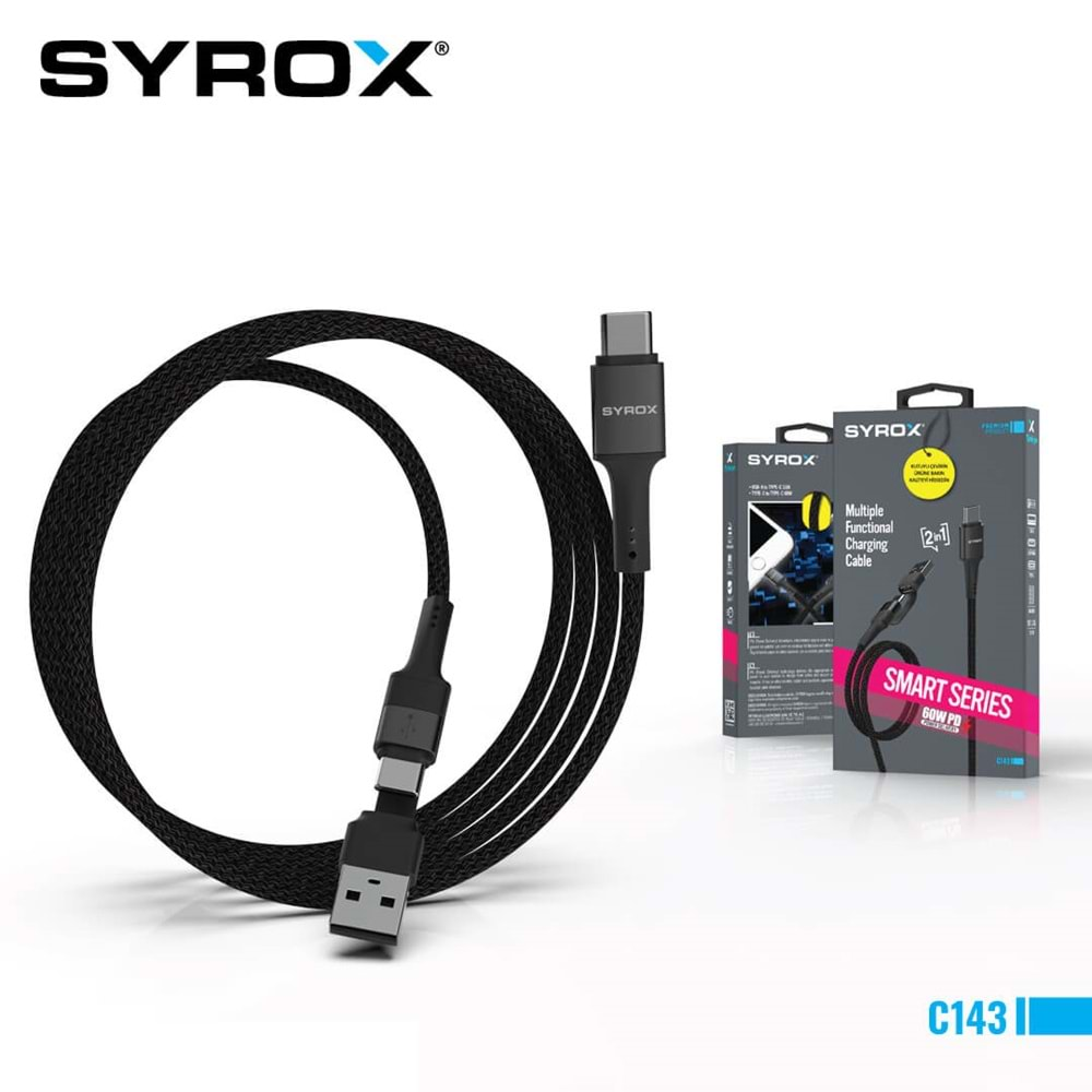 Syrox C143 60W 2 In 1 Çoklu Şarj & Data Kablosu USB To Type-C / Type-C To Type-C PD