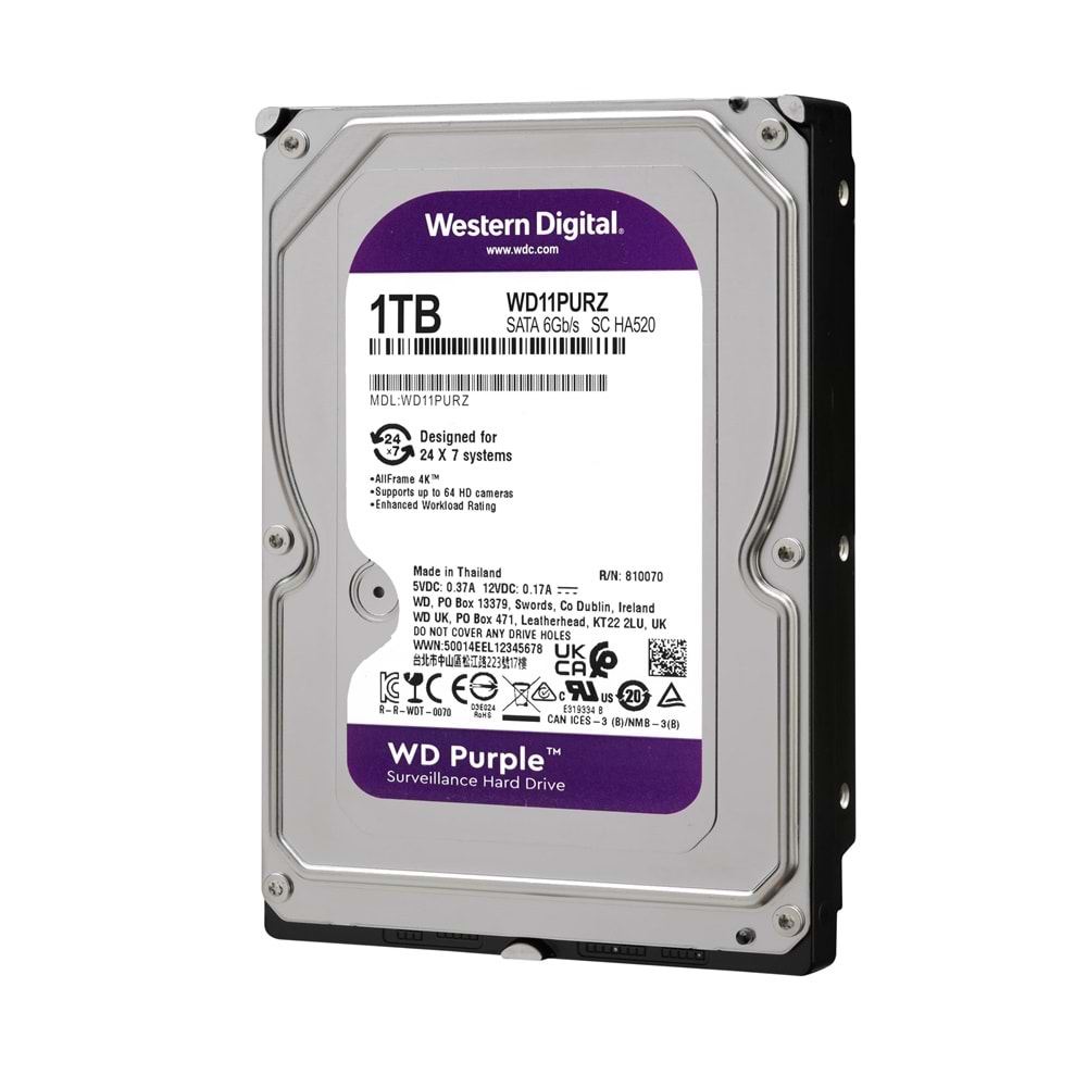 1 TB WD 3.5 PURPLE SATA3 5400RPM 64MB 7/24 GÜVENLİK WD10PURZ