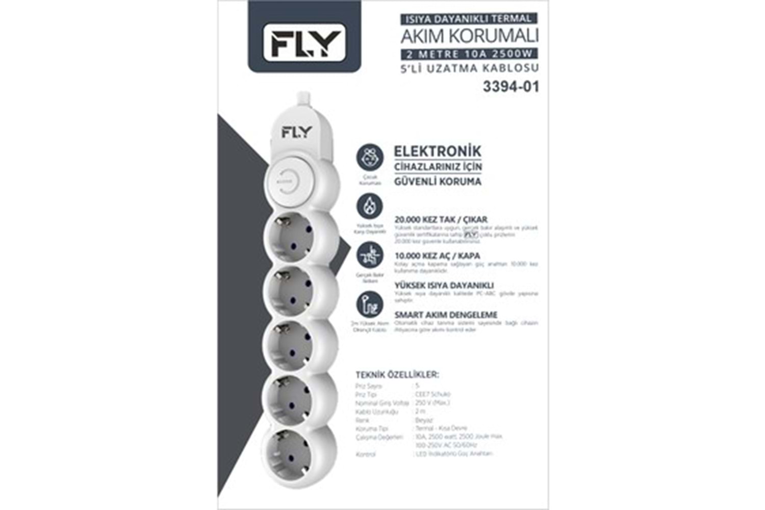 FLY 3394-01 ANAHTARLI TERMAL AKIM KORUMALI3*PRİZ 2M KUTULU