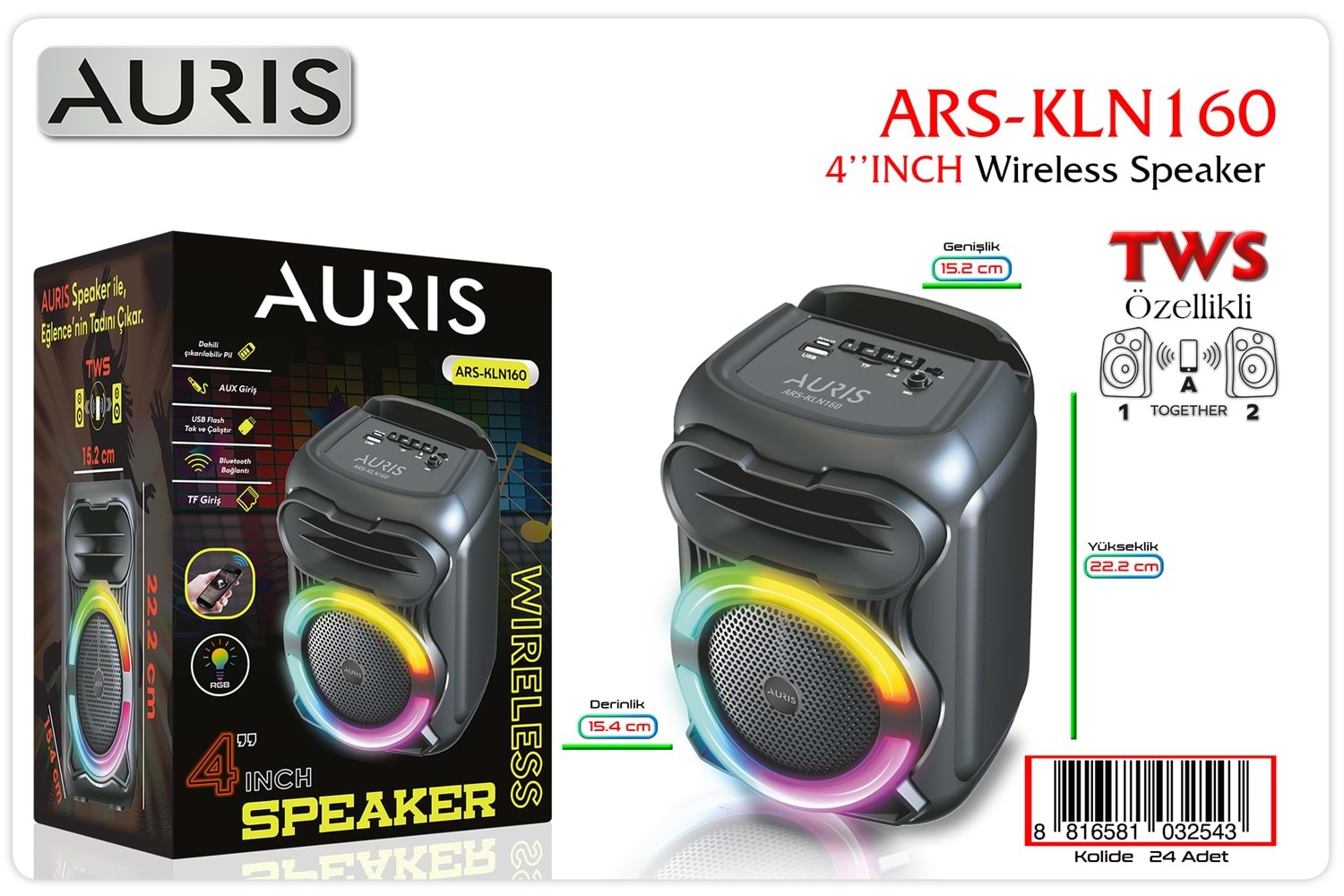 AURIS KLN160 BLUETOOTH SPEAKER 4 154*152*222MM SİYAH