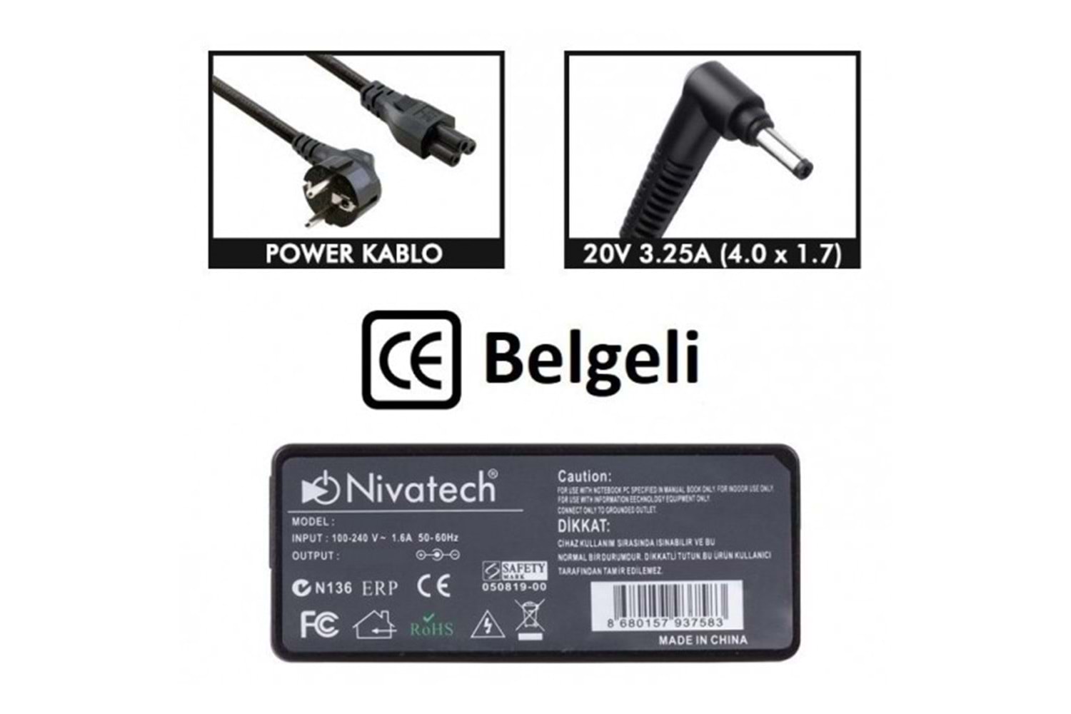 Nivatech NTC-BC938 20V-3.25A (4.0*1.7) Notebook Şarj Aleti