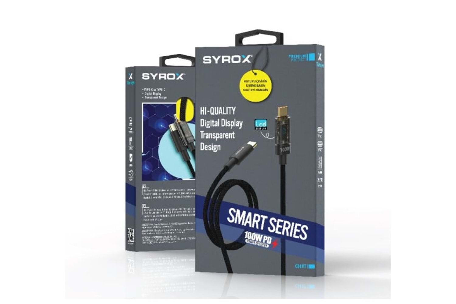 SYROX C141TT 100W PD 1.21 M Dijital Ekranlı Örgülü Type-C - Type-C Şarj ve Data Kablosu