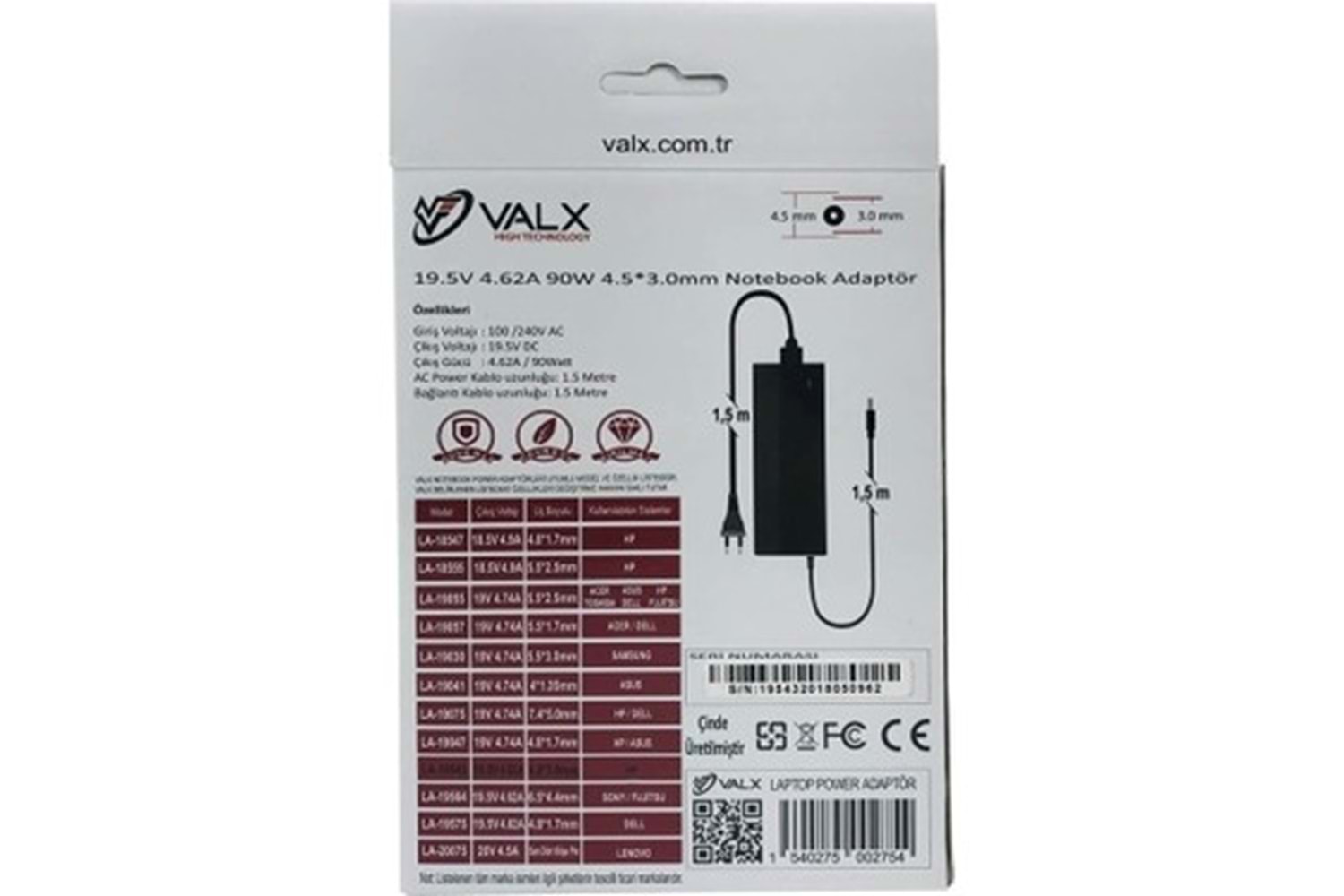 VALX LA-19543 19.5V 4.62A 90W 4.5*3 NOTEBOOK ADAPTOR