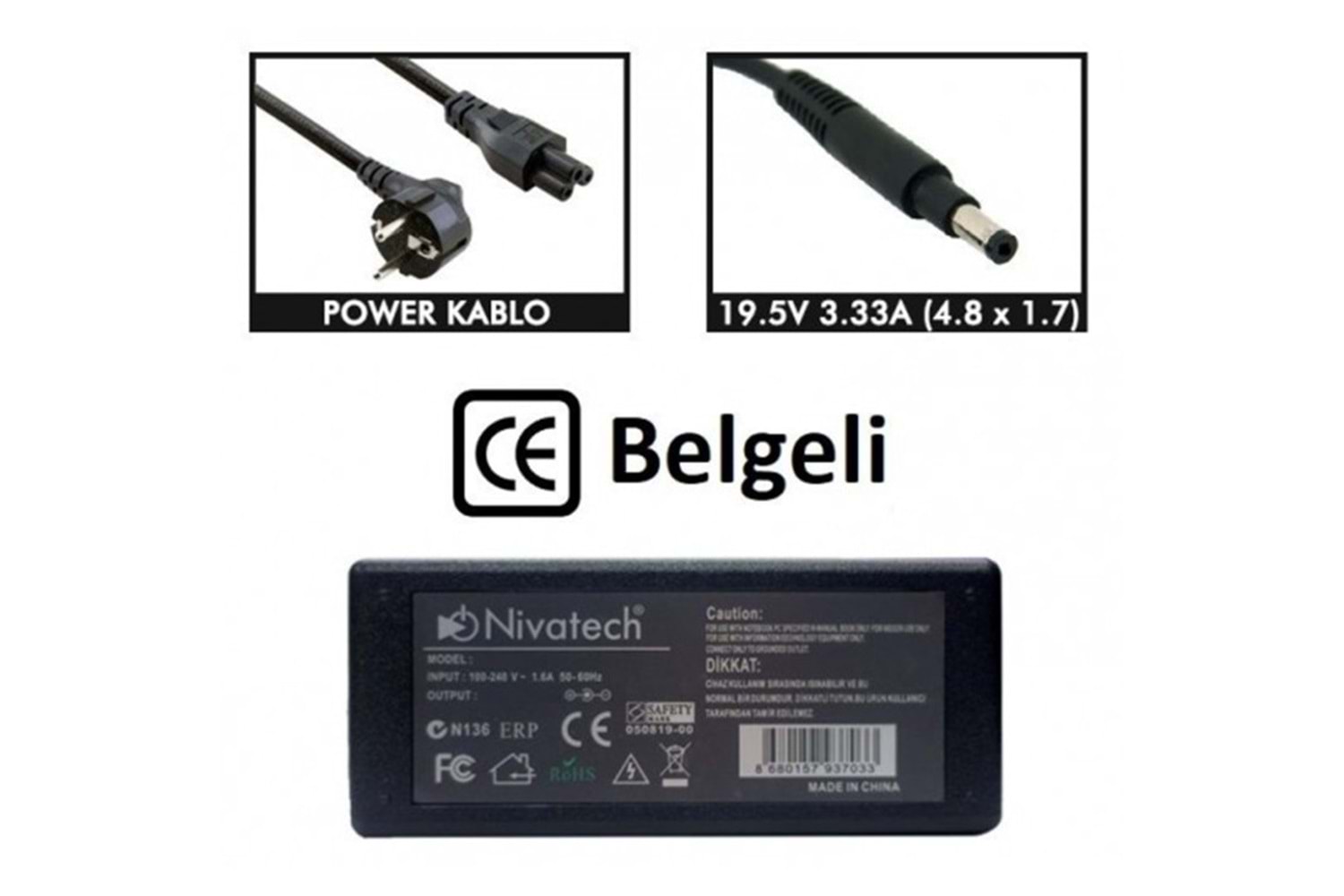 Nivatech NTC-BC917 19.5V - 3.33A (4.8*1.7) Notebook Adaptörü