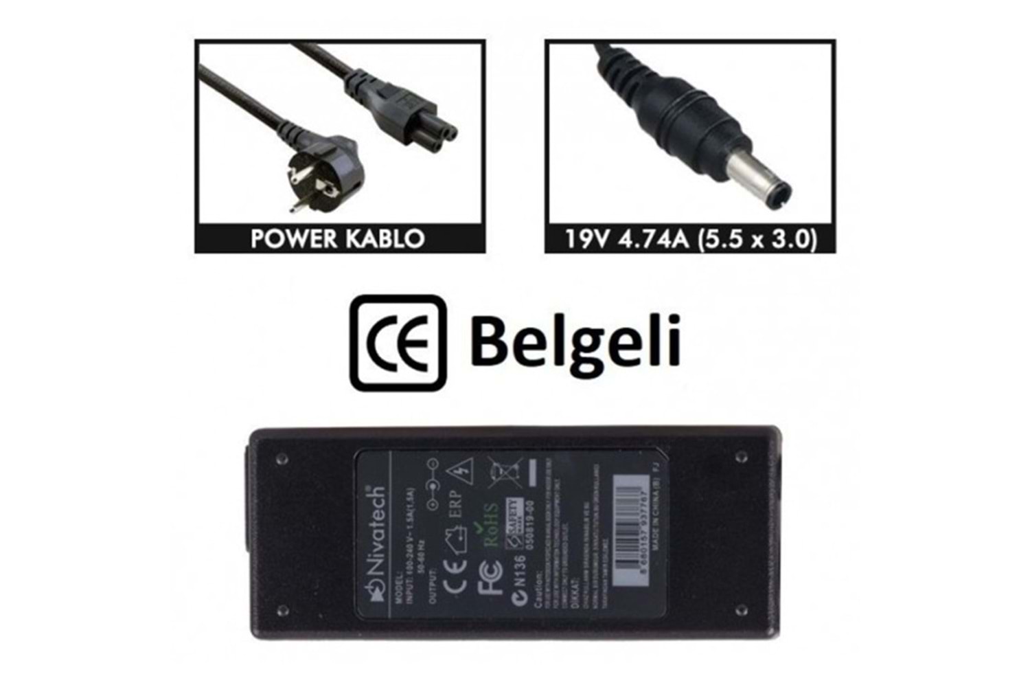 Nivatech NTC-BC953 19V - 4.74A ( 5.5*3.0) Notebook Adaptörü