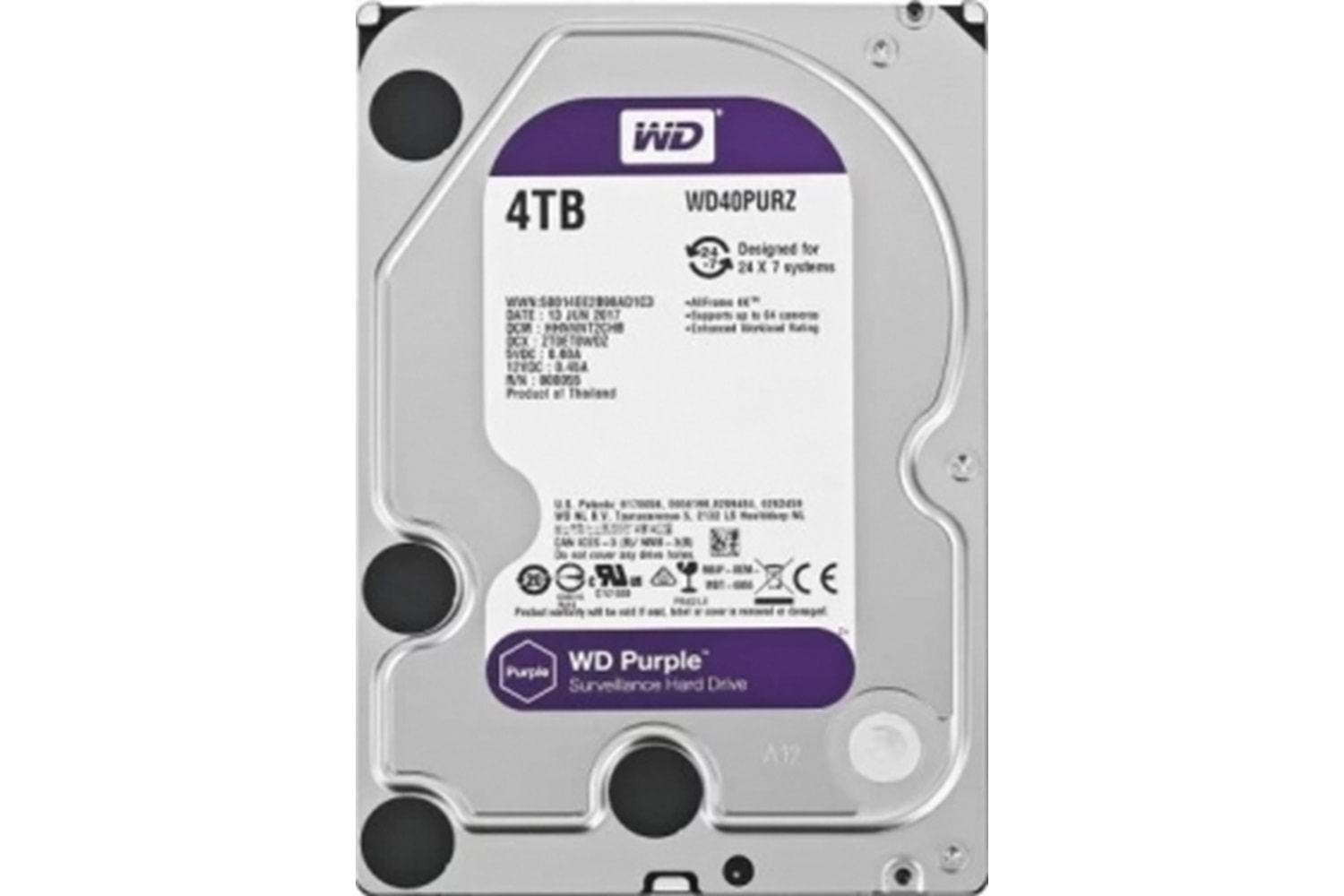 WD 3.5 DV PURPLE 4TB 64MB SATA3 PC HDD WD40PURX (Güvenlik 7/24)