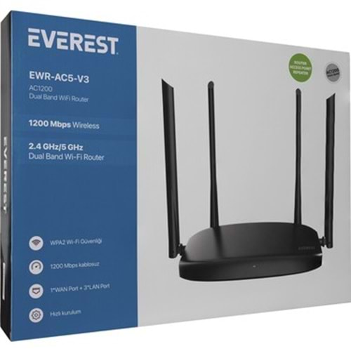 Everest Ewr-Ac5-V3 AC1200MBPS Dualband 4*6dbi Anten Wısp+Ap+Repeater Destekli Kablosuz Wifi Router