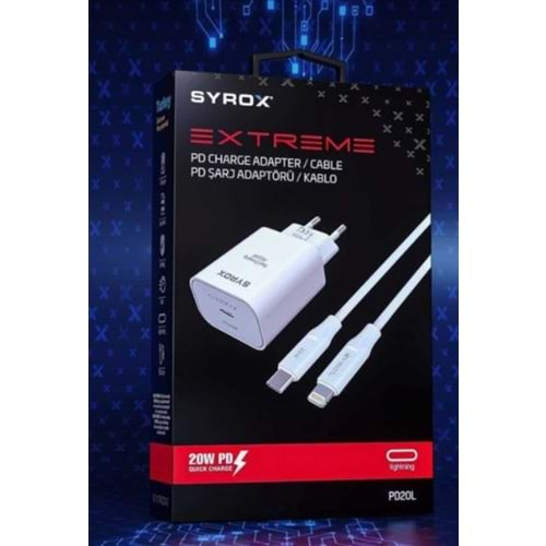 Syrox PD20L Şarj Aleti 3.0A PD20W Type-C to Lightning Kablo Set