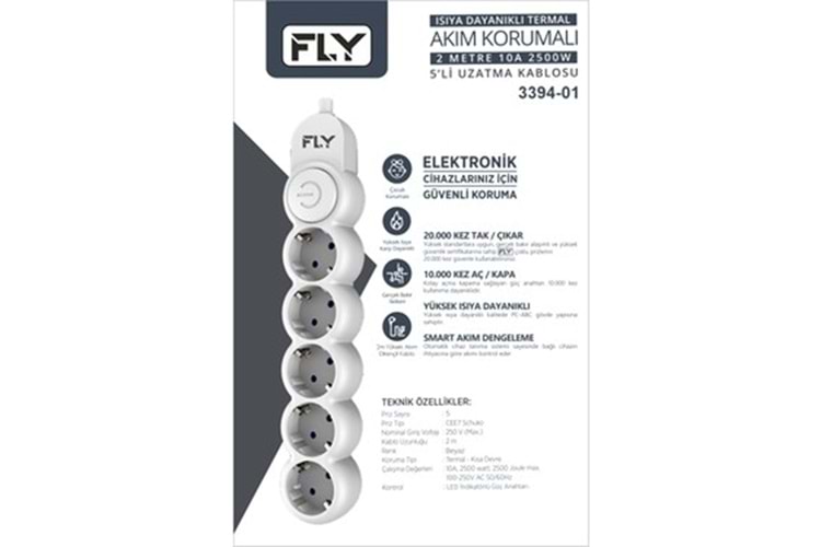 FLY 3394-01 ANAHTARLI TERMAL AKIM KORUMALI3*PRİZ 2M KUTULU