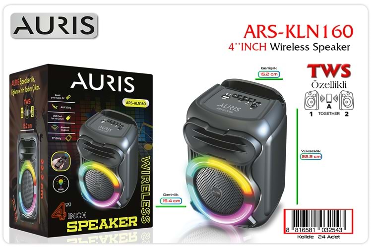 AURIS KLN160 BLUETOOTH SPEAKER 4 154*152*222MM SİYAH