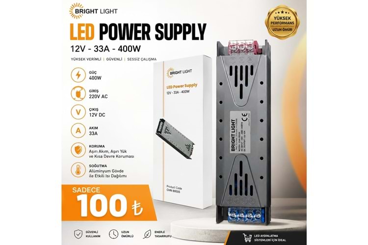 BRIGHT LIGHT 12V 33A 400W ALUMINYUM GOVDELİ LED POWER SUPPLY