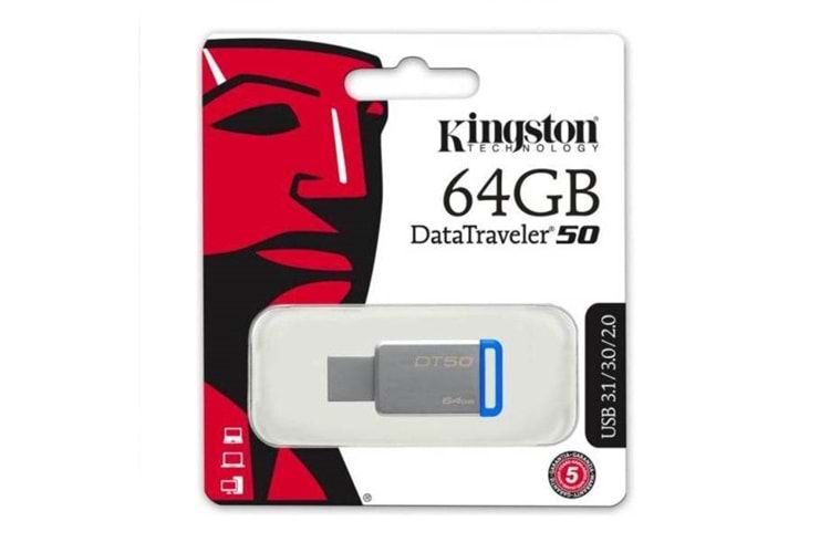 Kingston DT50/64GB DataTraveler 50 64GB Mavi USB 3.1 Metal Usb Bellek