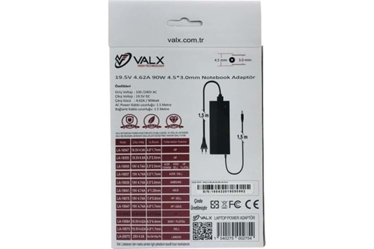 VALX LA-19543 19.5V 4.62A 90W 4.5*3 NOTEBOOK ADAPTOR
