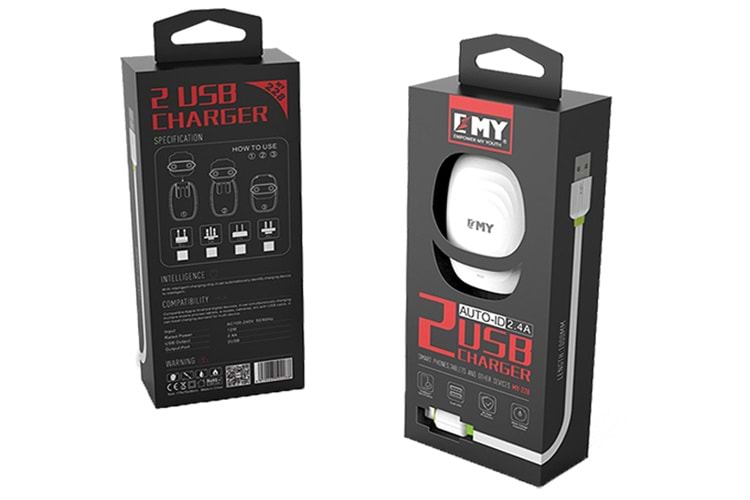 EMY MY-228 2 PORT 5V-2.4A KAFA - MICRO USB KABLOLU
