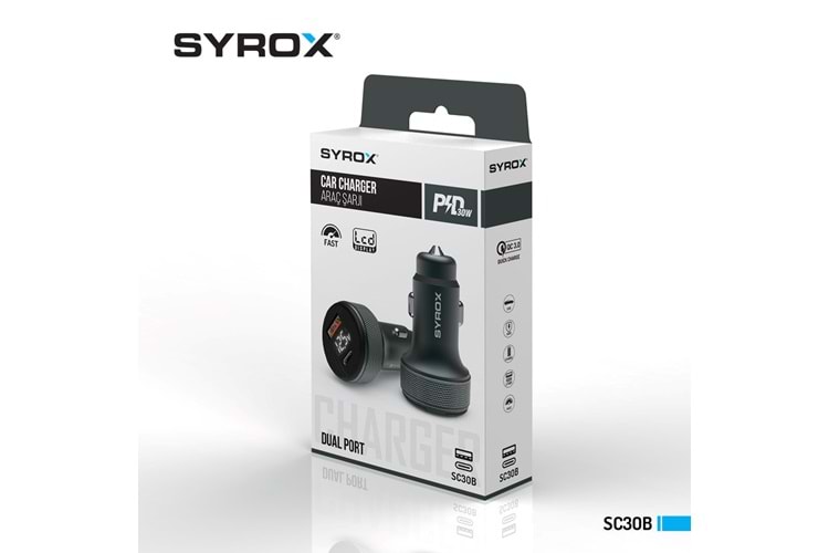 Syrox SC30B Araç Çakmaklık Şarj Aleti PD30W, 3.1Amper LCD Ekran