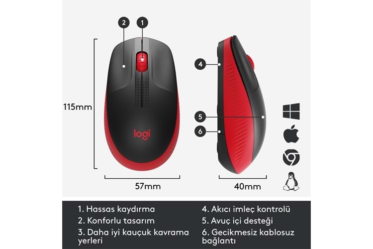 LOGITECH M190 KABLOSUZ MOUSE - KIRMIZI SİYAH