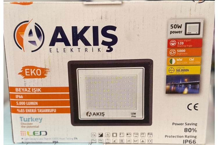 AKIŞ ELEKTRİK EKO 50W 5000 LÜMEN BEYAZ IŞIK PROJEKTOR